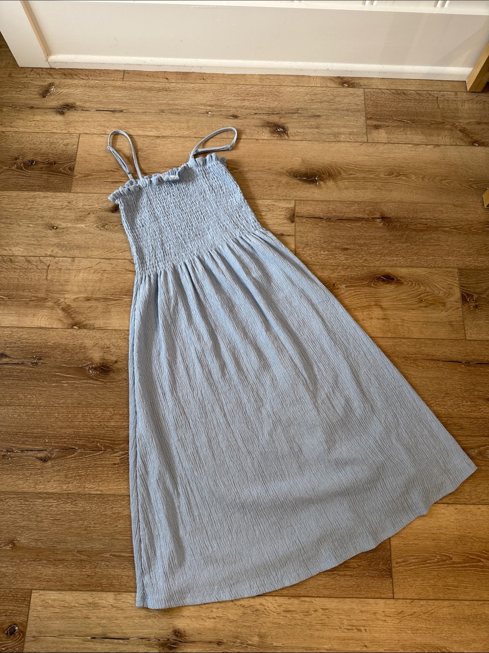 H&M Light Blue Smocked Midi Dress with Spaghetti Straps